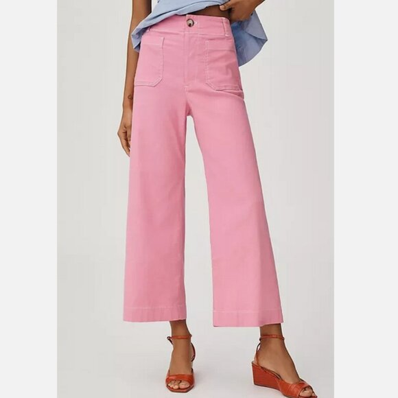 Anthropologie Colette Crop Wide-Leg Pants Maeve Contrast Stitch Size 28 PINK NWT - Picture 2 of 5